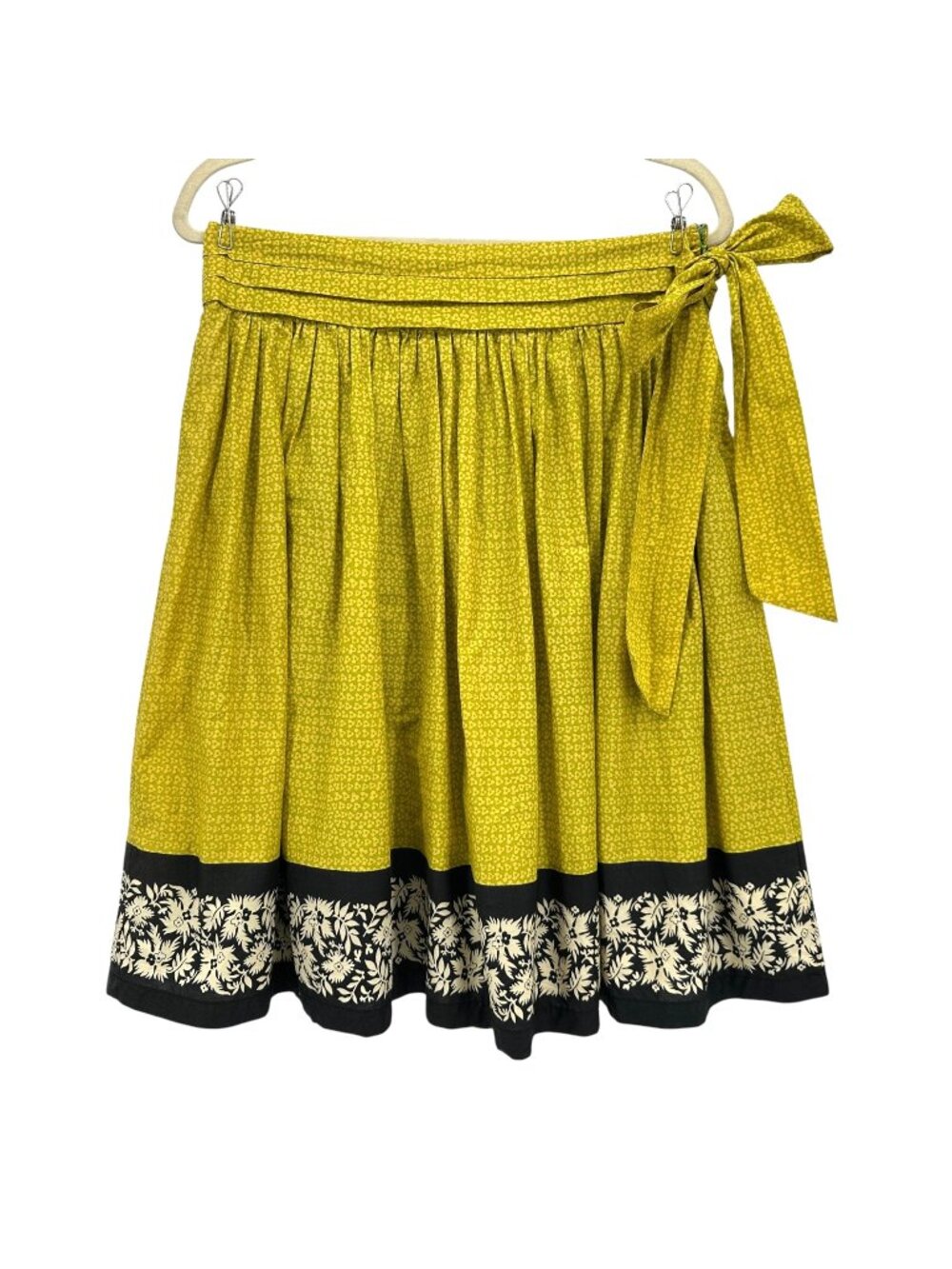 Anthropologie Odille Womens 6 Skirt Flared Floral Geometric Green Yellow Tie